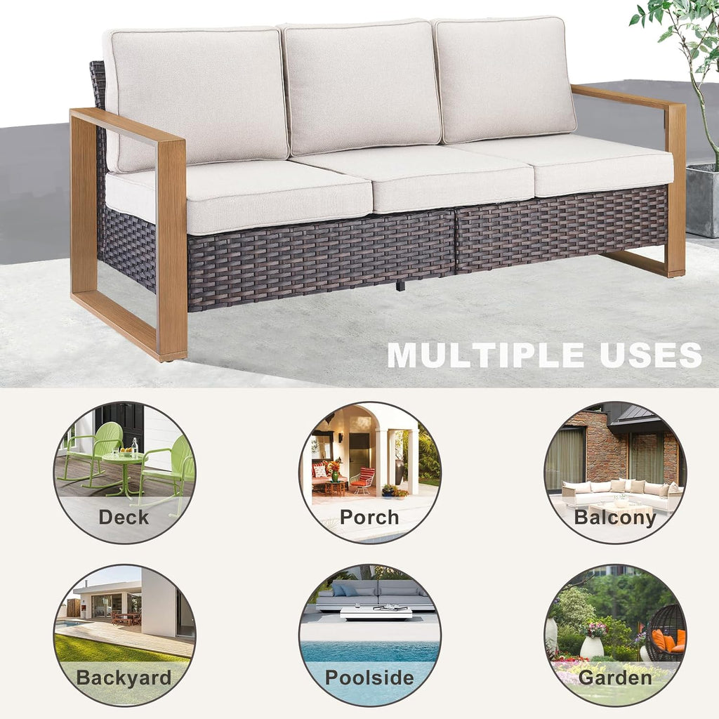 Outdoor Couch Wicker Patio Sofa, Rattan Patio Furniture Sofa with Sturdy Frame,All-Weather PE Wicker,Wide