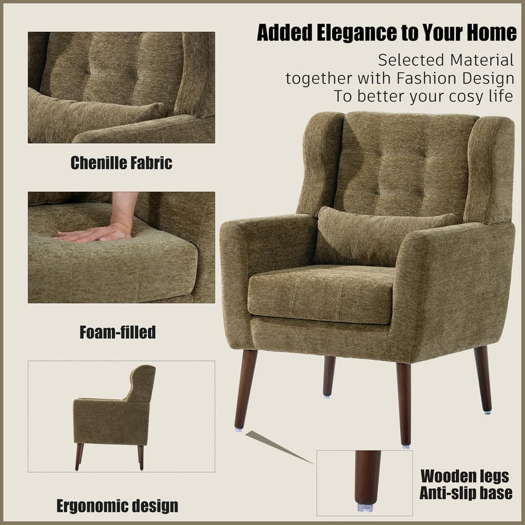 Modern Accent Chair Chenille Armchair with Pillow, Upholstered Arm Chairs with Solid Wood Legs, Soft Padded Lounge