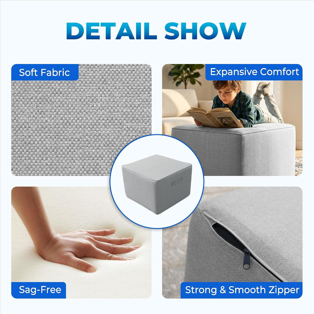 Square Outdoor Ottoman Pouf, 24" Waterproof Patio Foot Rest, Light Gray | Ottoman Foot Rest, Comfy Footstool