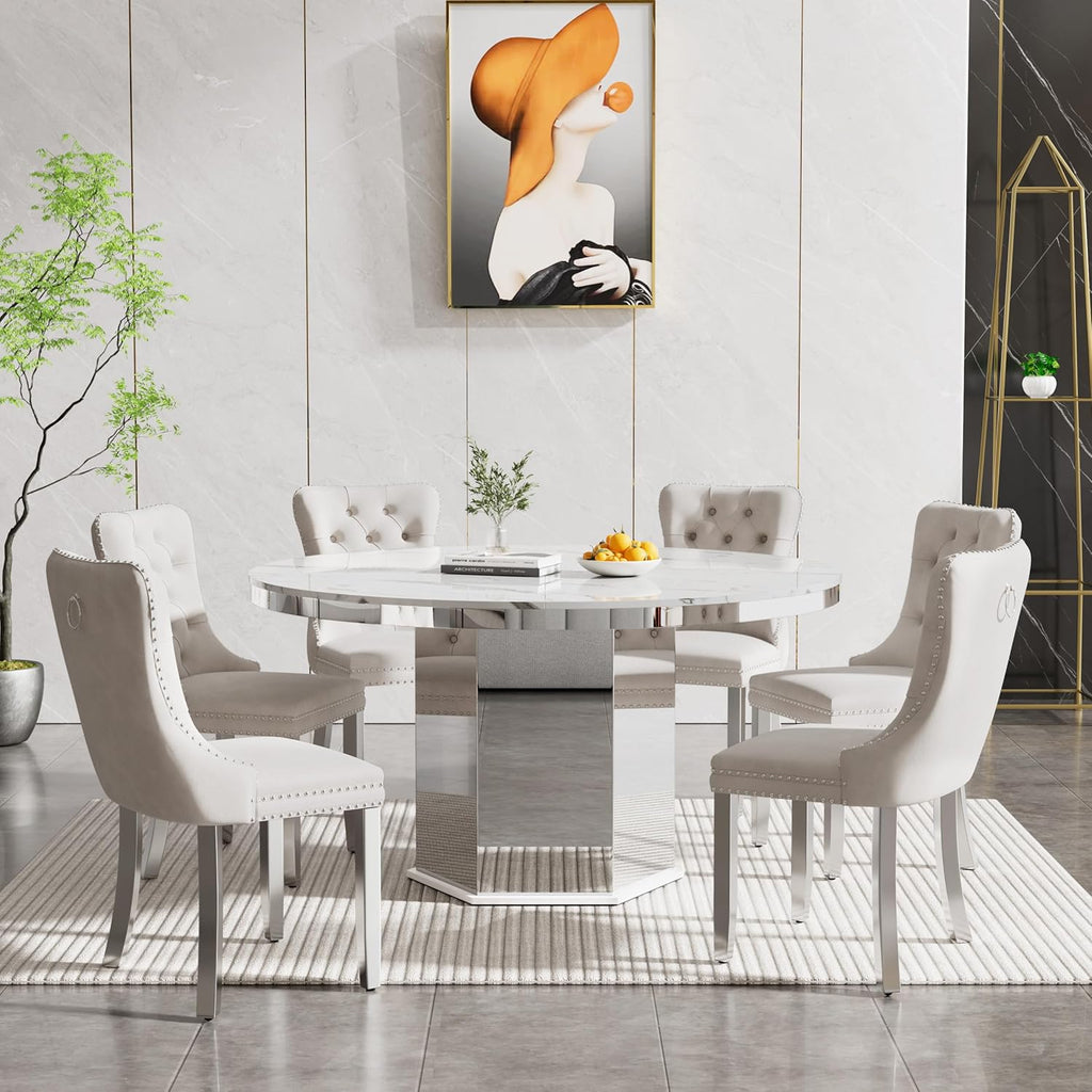 Modern 47"-63" Round White Faux Marble Extendable Dining Table for 4-6, Luxury Round Dining Room Table, Kitchen