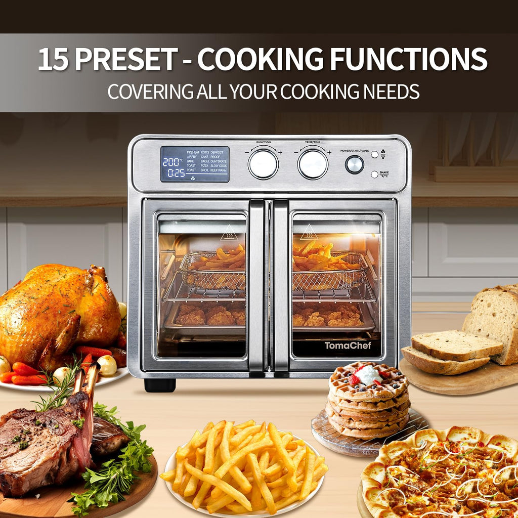 26QT French Door Air Fryer Toaster Oven Combo, 15 Cooking Functions including Rotisserie, and Digital Controls, 30