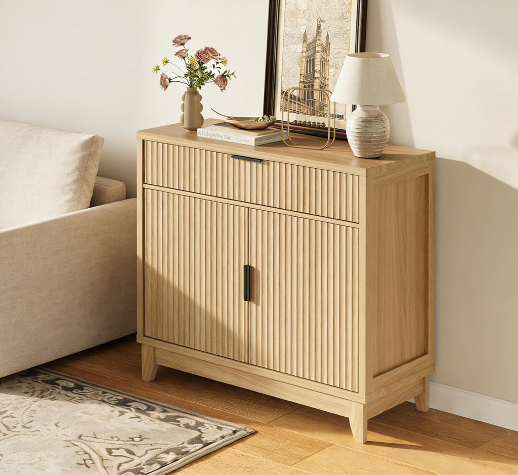 Fluted Sideboard Buffet Cabinet with Storage, 32" Wide Coffee Bar Console Table with Drawer