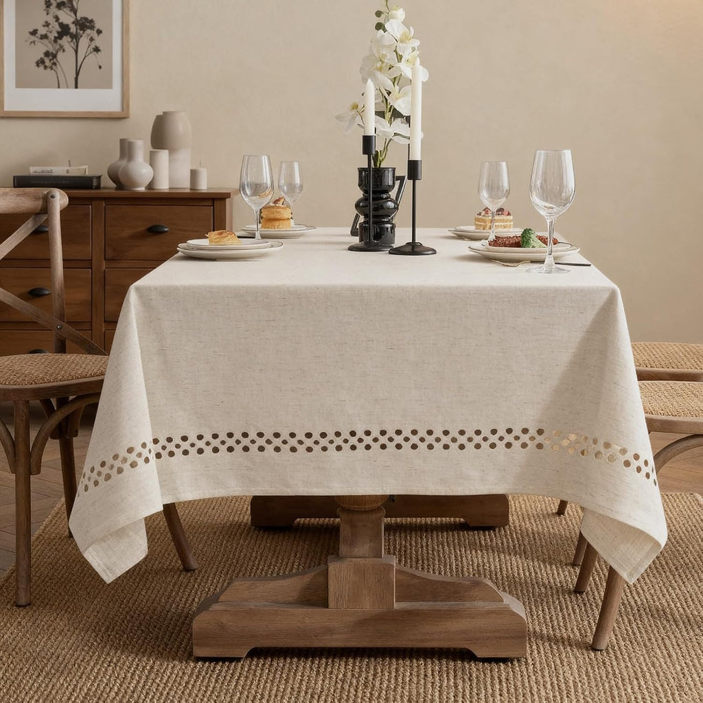 Natural Tablecloth, Rectangle Tablecloth with Decorative Cutouts, Stain Resistant & Wrinkle Free Tab