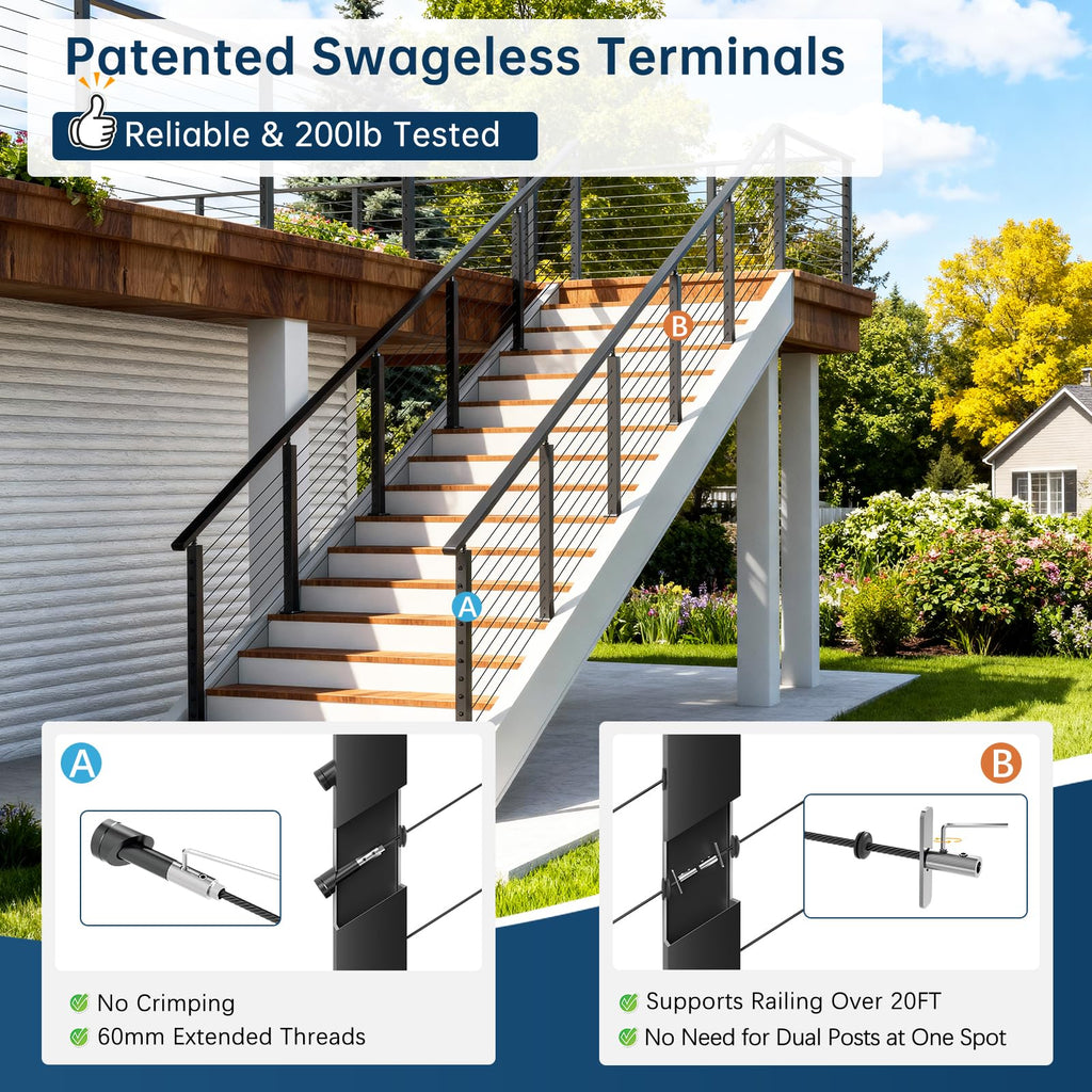 Swageless 4-12FT Black Stair Cable Railing Kit Surface Mount 36"