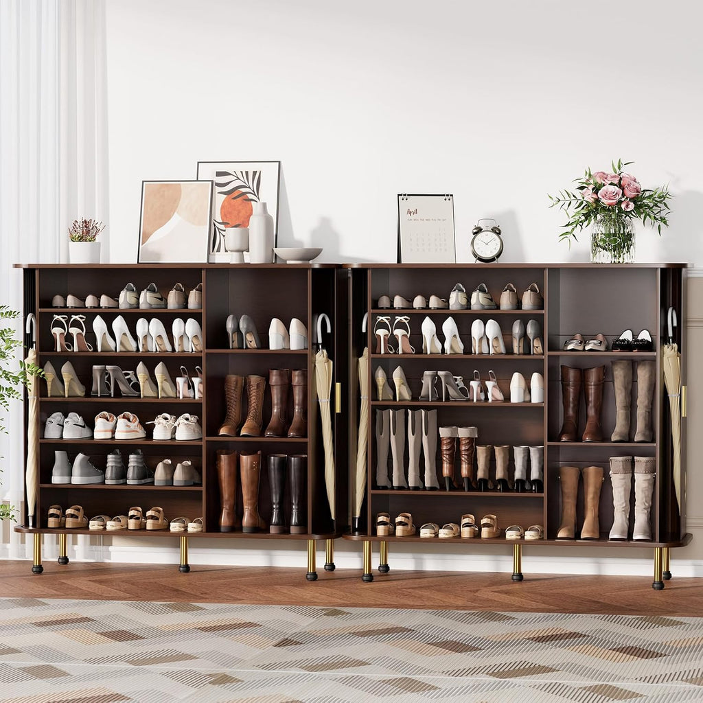6-Tier 47'' Shoe Cabinet with Sliding Door, Wooden Shoe Storage Cabinet with Adjustable Shelves, Mid-Century Modern
