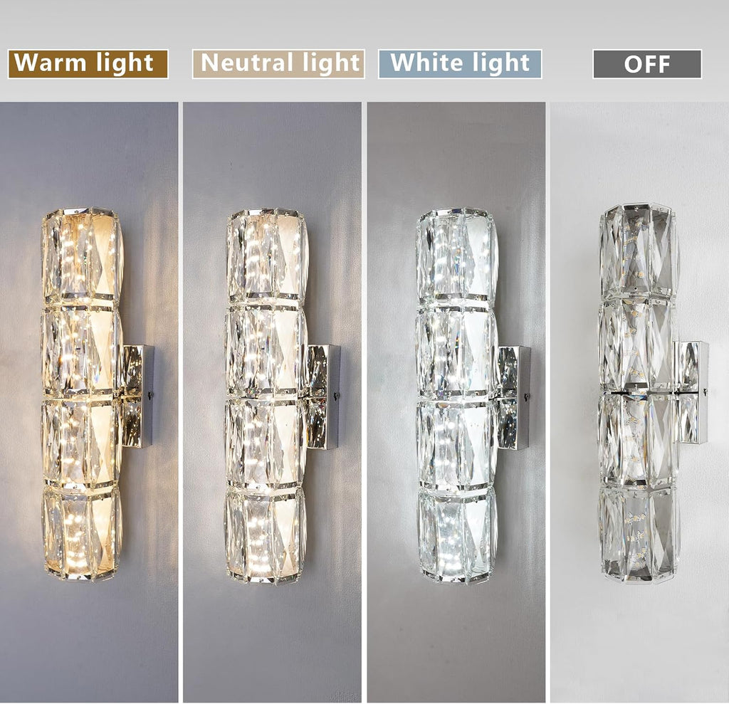 Luxury Chrome Crystal Wall Sconces, Modern Indoor Dimmable Wall Light Fixture with Remote Control, LED K9 Crystal