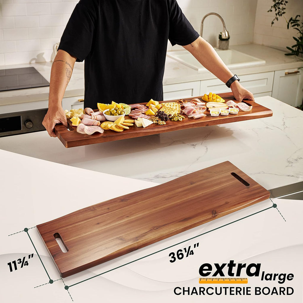 36" Large Acacia Wood Charcuterie Board, Built-in Handles, Raw Edge | Dual-sided Design, Extra Long Wooden Serving