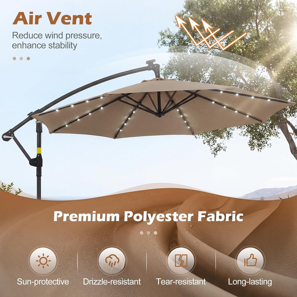 10ft Solar Patio Umbrella with Base Included, Offset Cantilever Outdoor Umbrella with 32 LED Lights