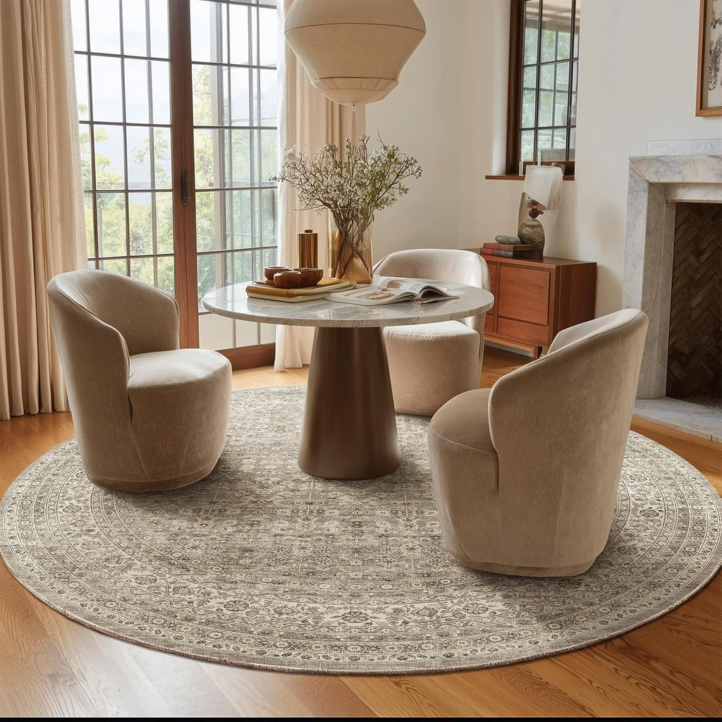 6ft Washable Round Rugs for Bedroom: Circle Living Room Rug Vintage Non Slip Low Pile Soft Faux Wool