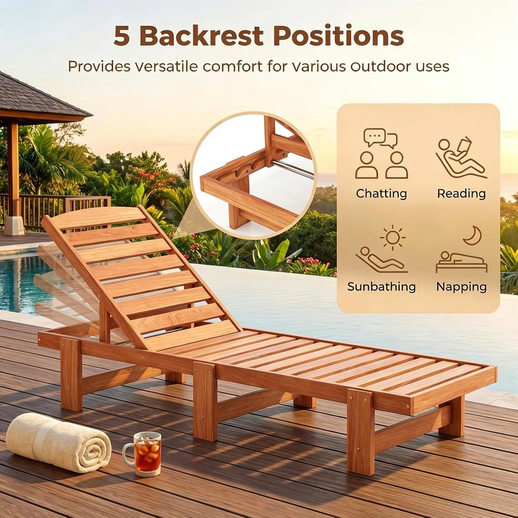 Solid Wood Chaise Lounge, Outdoor Lounge Chair Teak Oil Finished | 5-Position Adjustable Backrest, Wooden Patio