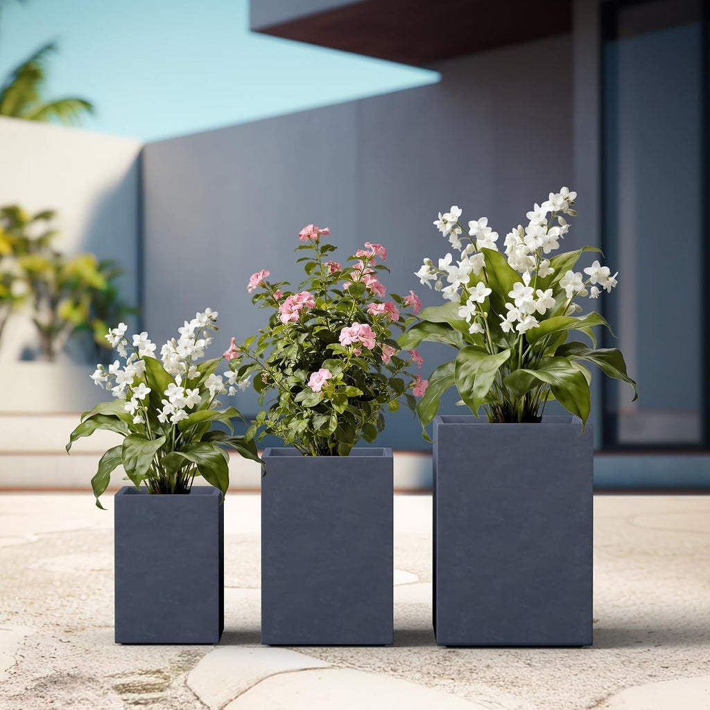 Set of 3 Charcoal Concrete Tall Planters 13" 11" 13" Dia | Drainage for Outdoor, Rubber Plug for Indoor Home
