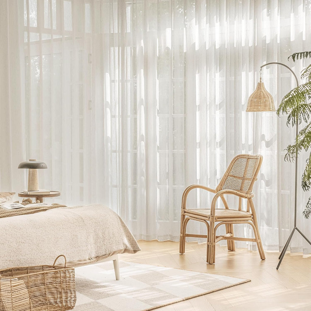 Linen Sheer Pinch Pleated Curtains, Linen Flax Beige 96 Inches Long Sheer Curtain Panels, Natural Back Tab Window