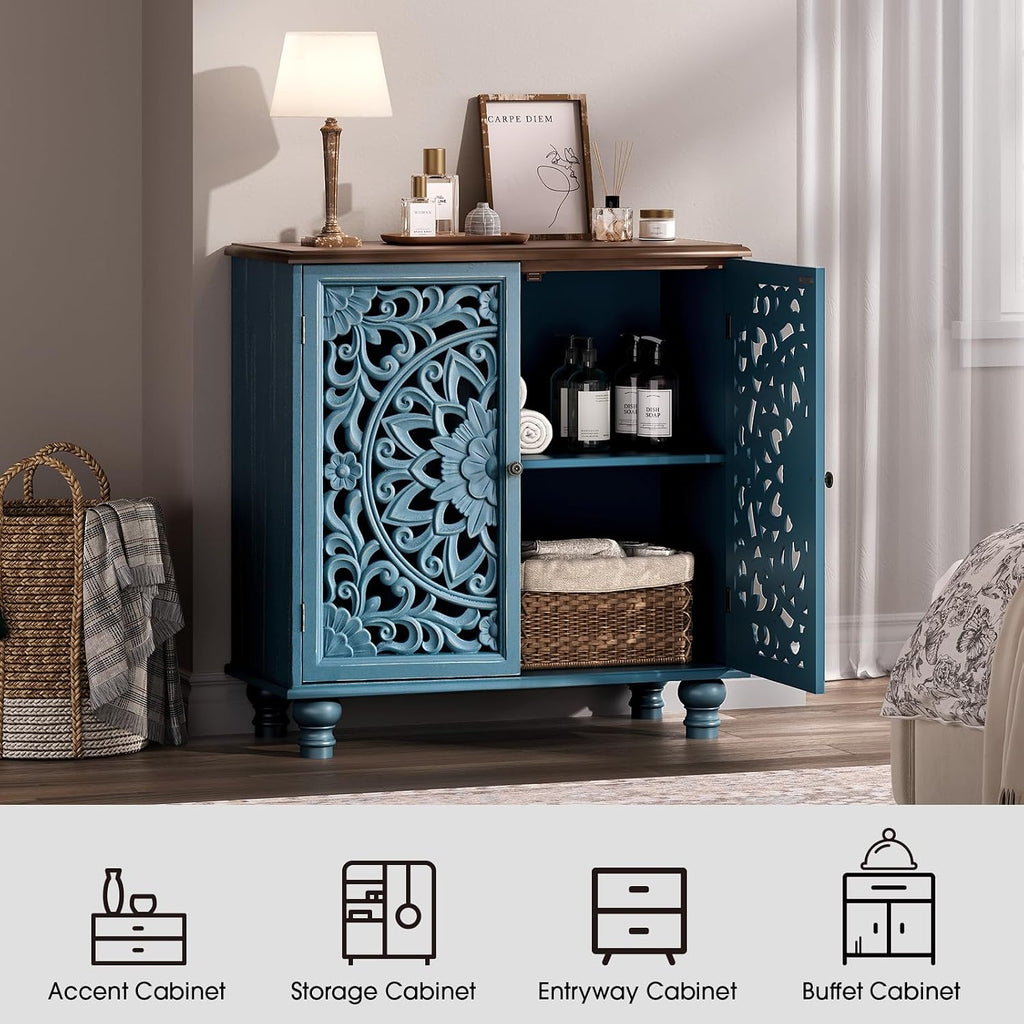 31" Accent Storage Cabinet with Mandala Carved Doors,Blue & Walnut | Carved Floral Design, Solid Wood Legs, Farmhouse