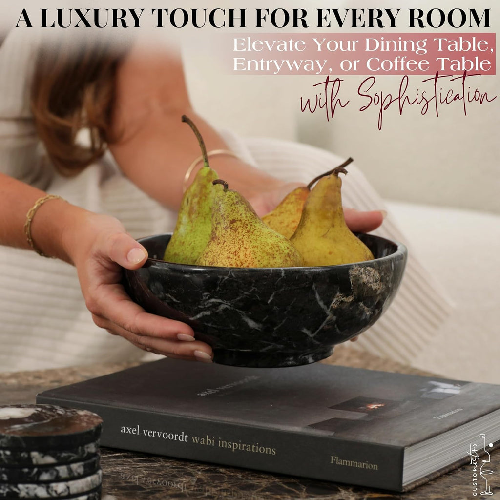 8" Luxury Black Marble Decorative Bowl for Coffee Table - Elegant Modern Fruit Bowl Counter - Heavy Stone Entryway