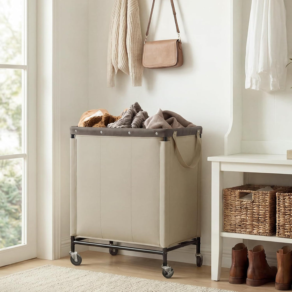 3 Section Laundry Hamper, 120L Tan Sorter Cart with Wheels