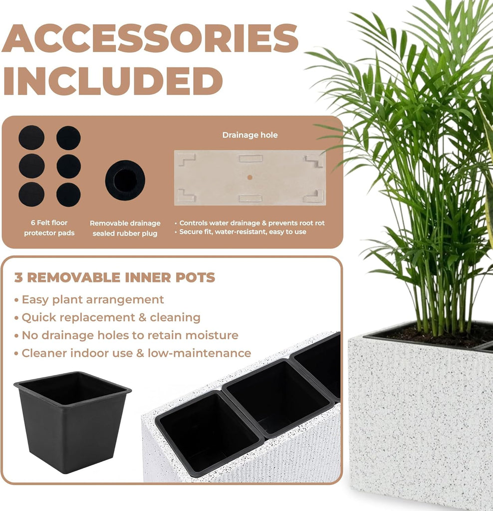 Trevano Fiberstone Rectangular Planter (M, Ribbed White) | Lightweight, Durable, UV Resistant, Modern Terra Cotta