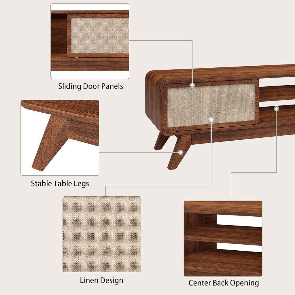 Mid Century Modern TV Stand for TVs up to 65'', Farmhouse Entertainment Center with Storage, TV Cabinet Table with Nature Linen Doors, Media Console TV Consoles for Living Room Bedroom (Walnut)