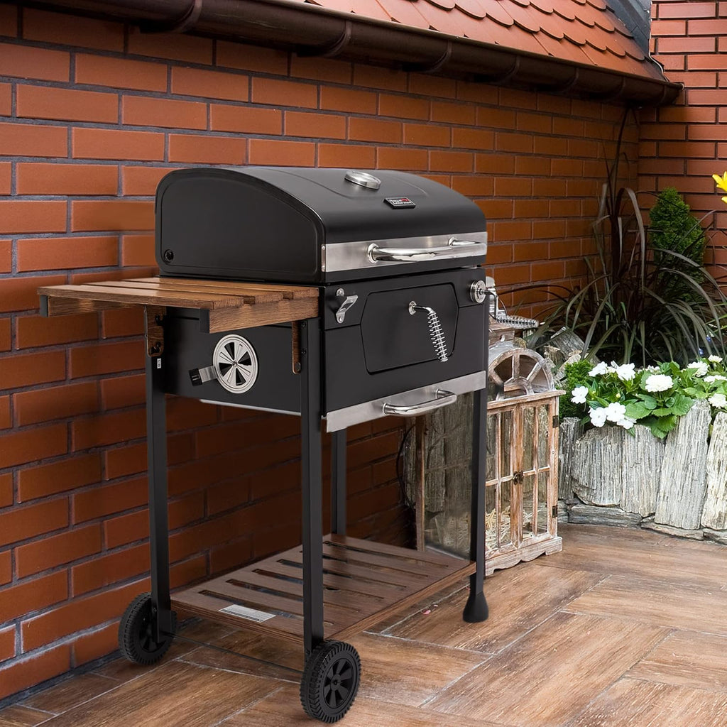 24-Inch Charcoal BBQ Smoker Grill with Folding Table, Handle, and Medium Cooking Area for Outdoor Patio, Garden, and Backyard