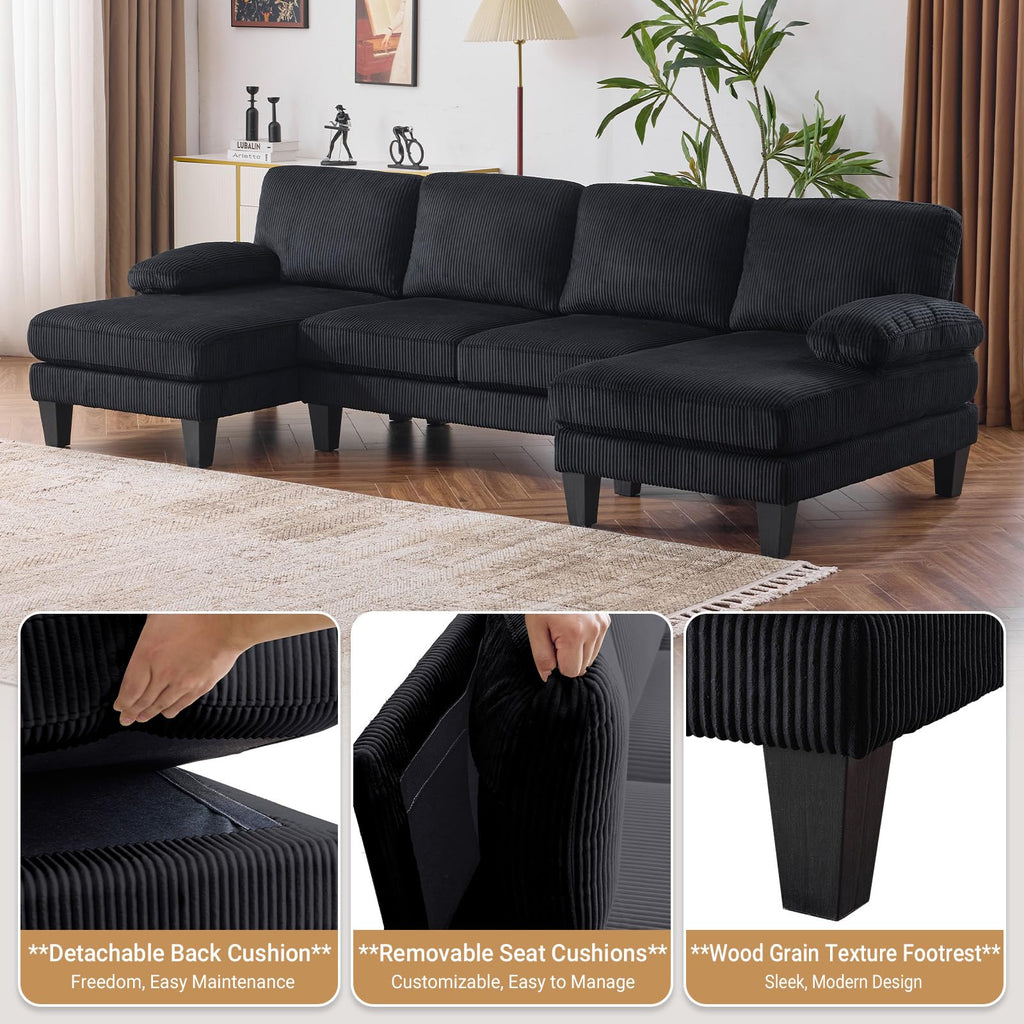 110" Sectional Couches, U Shaped Couch with Double Chaise, 4-Seat Sofa Set with Corduroy Fabric Furniture, Black