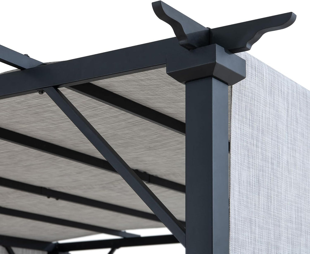 9 x 9 ft. Pergola, Outdoor Patio Matte Black Steel Classic Frame Pergola with Retractable White Canopy Shade for Backyard, Garden Activities, Light Gray
