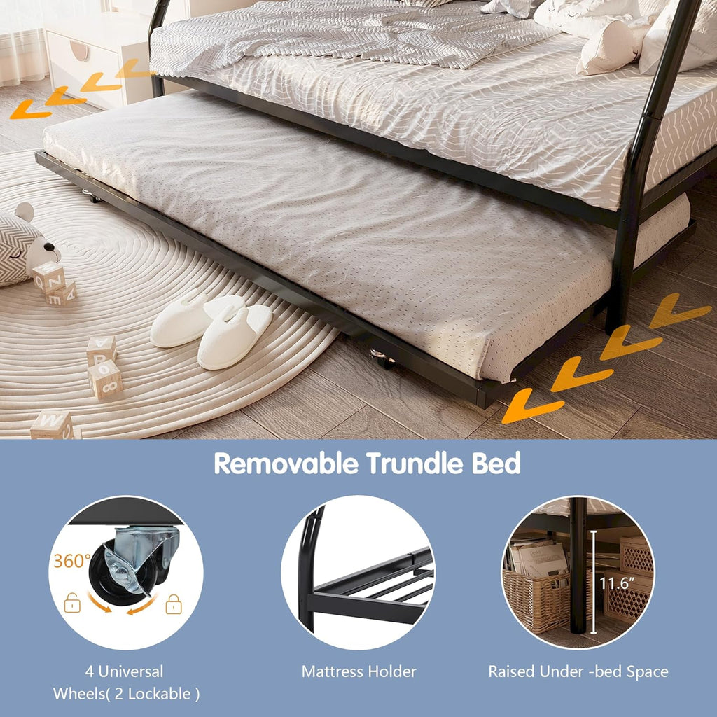 Metal Bunk Beds with Double Secured Ladders, Twin Over Full Bunk Bed with Surrounded Safety Guardrails
