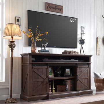 Farmhouse TV Stand for 80 Inch TVs, 37.4"Tall Entertainment Center w/Storage Cabinets and Sliding Barn Door, Media