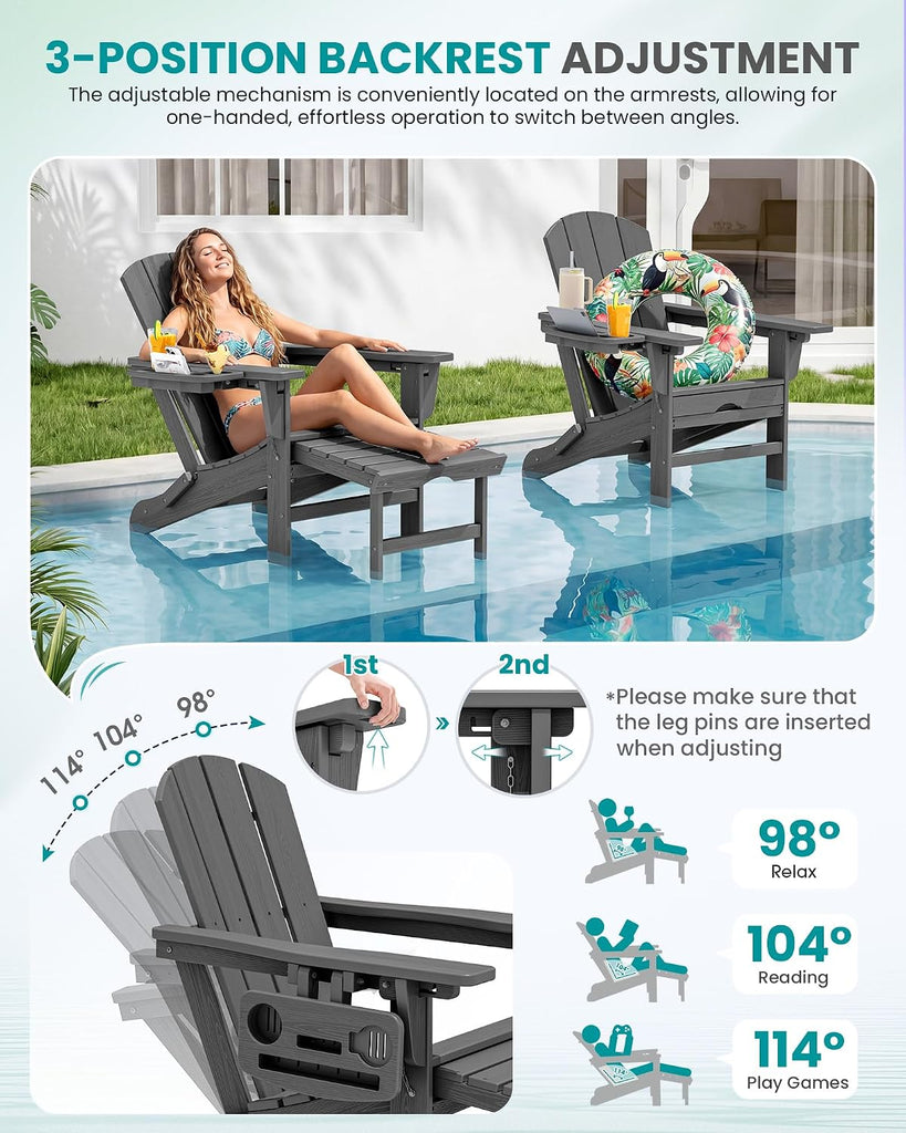 Folding Adjustable Adirondack Chair with Footrest, HDPE Outdoor Chair with 4-in-1 Cup Holders, All Weather Adirondack