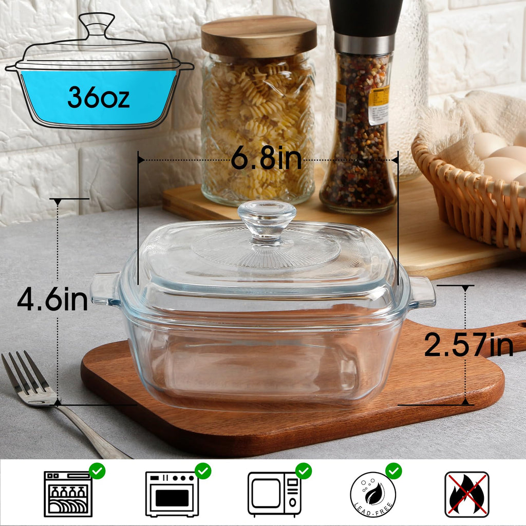 1.2L Small Glass Casserole Dish with Lid Square Casserole Dish