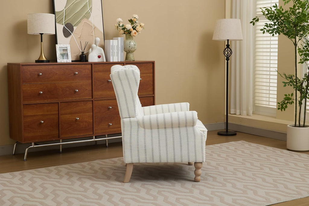 Striped Wingback Accent Chair with Wood Legs, Upholstered Armchair | Striped wingback accent chair with foam