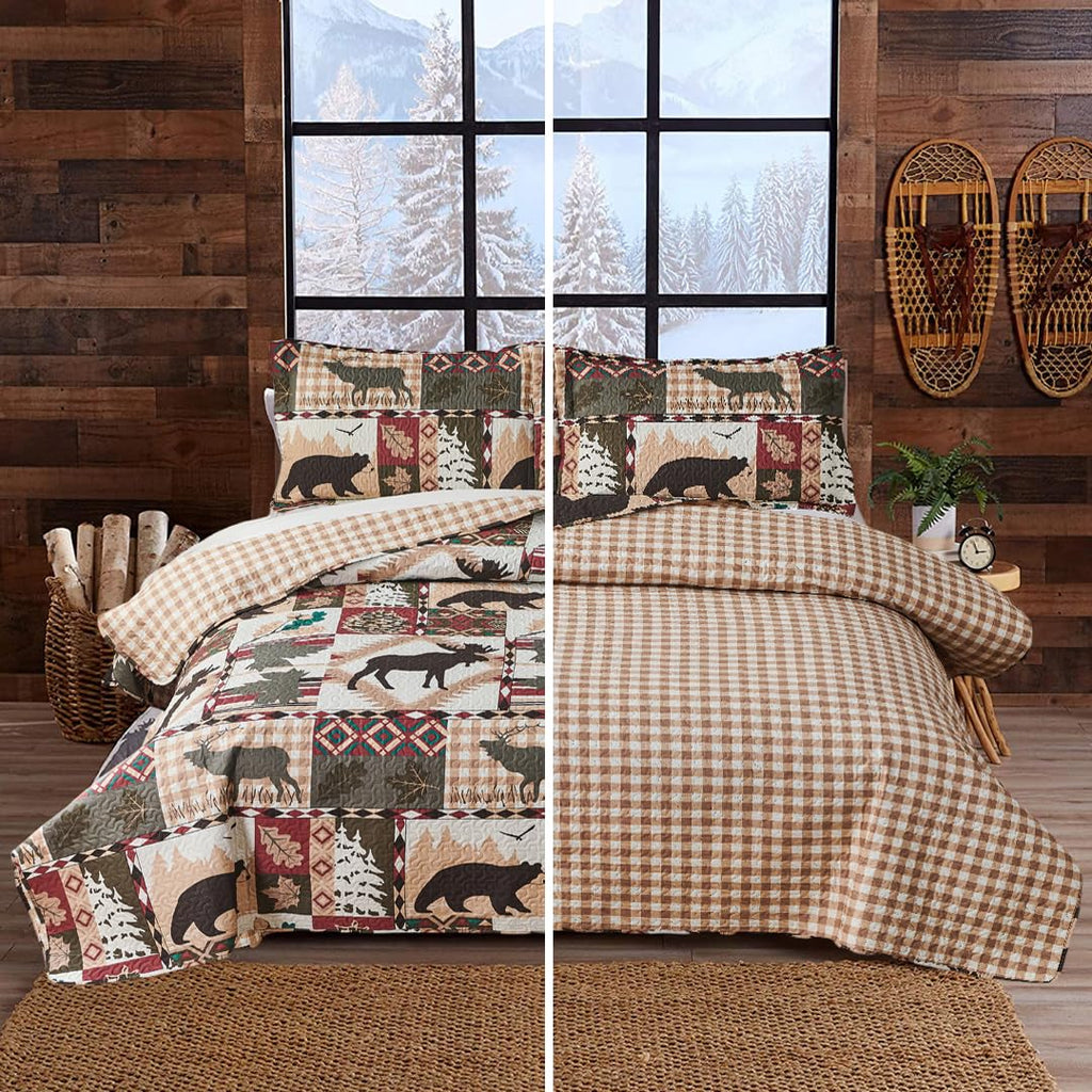 3 Pcs Reversible Rustic Quilt Set Size Moose Bear Bedspread Lodge Bedding Plaid Themed Cabin Coverlet