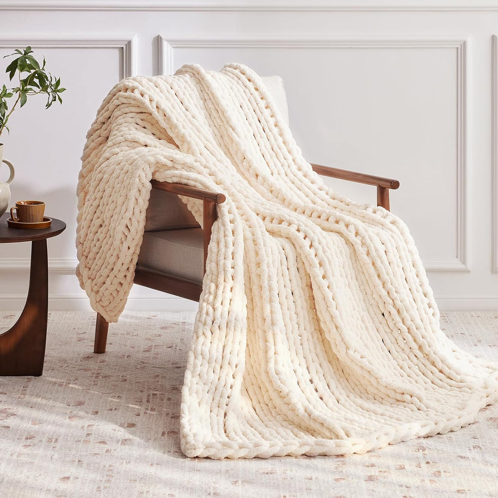 Chunky Knit Throw Blanket, 50''*60'' Knitted Throw Chenille Yarn, Handmade Cream Crochet Big Thick Blanket, Machine