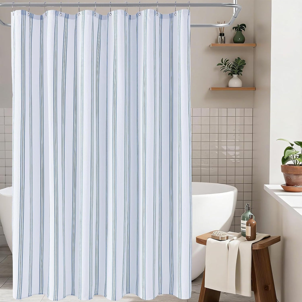Blue and White Striped Shower Curtain with 12 Metal Hooks, Crinkled Lightweight Textured Fabric Modern Farmhouse