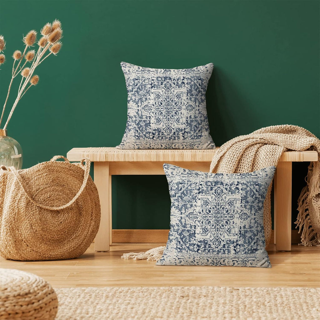 Boho Pillow Covers 20x20 Set of 2, Ethnic Design Decorative Throw Pillows Linen Blue Carpet Pattern Farmhouse Cushion