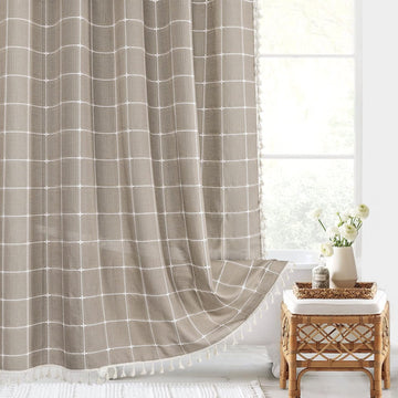 Taupe Boho Farmhouse Shower Curtain with Tassels, Rustic Bohemian Modern Bathroom Decor Heavy Thick Textured Fabric