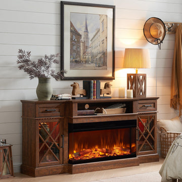 3-Sided Glass Farmhouse Fireplace TV Stand for TVs up to 80'', Highboy Entertainment Center with Glass Door Storage