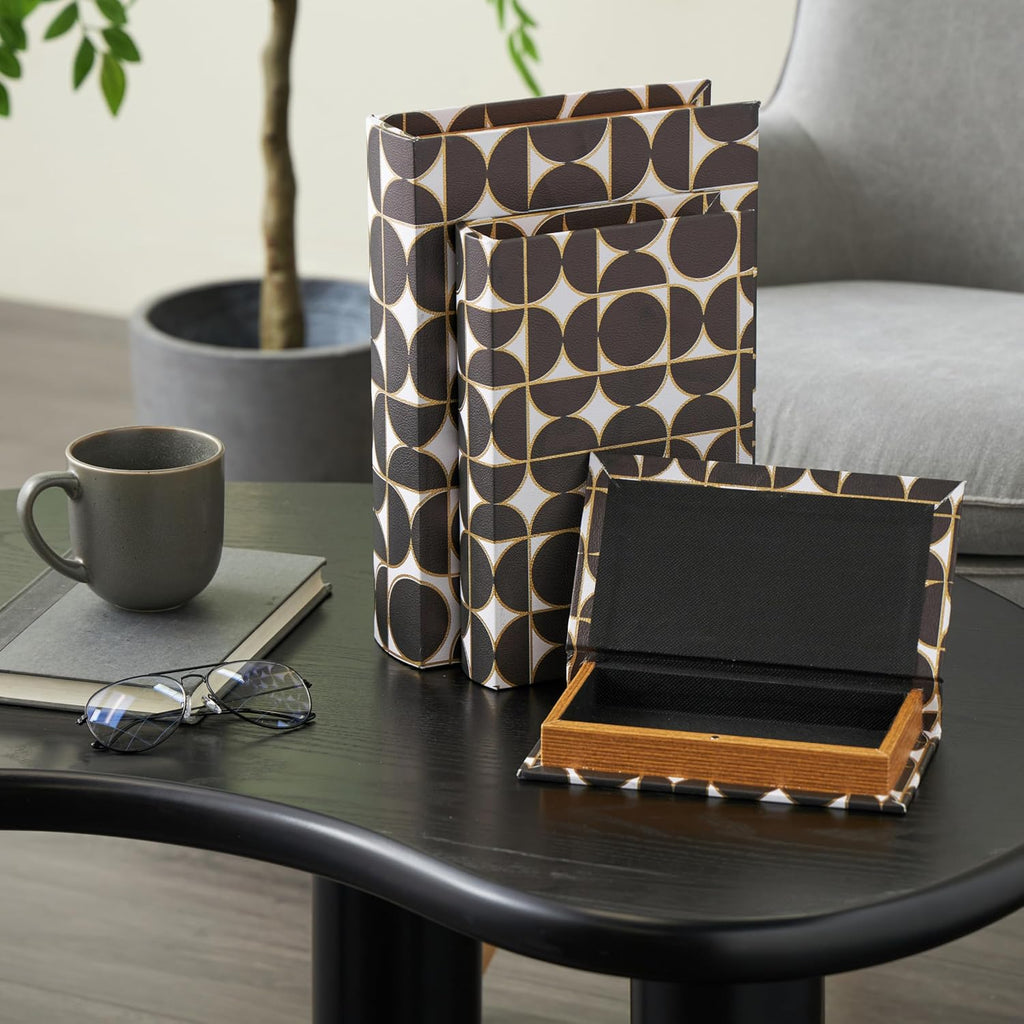 79 Faux Leather Decorative Box Faux Book Storage Book Shaped Boxes with White and Gold Geometric Patterns, Set of 3