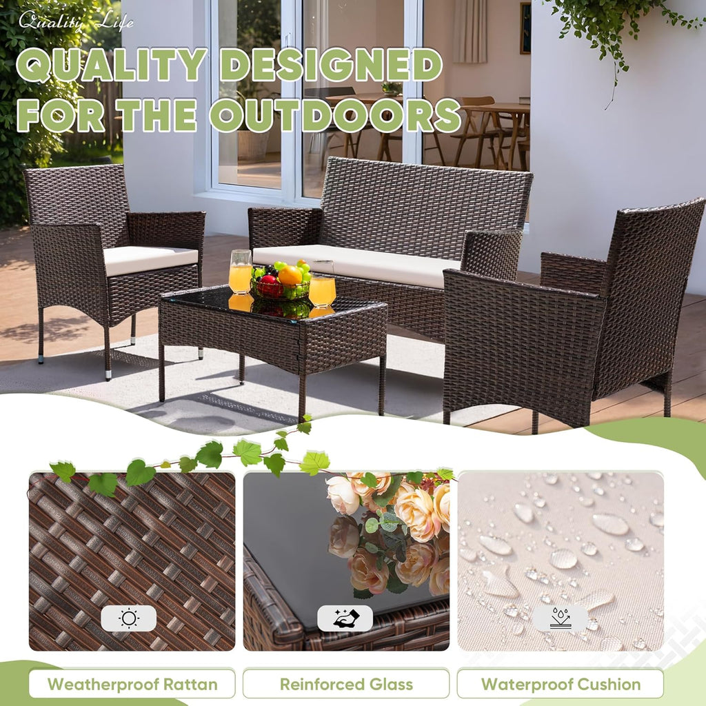 Patio Furniture 4 Pieces Conversation Sets Outdoor Wicker Rattan Chairs Garden Backyard Balcony Porch Poolside