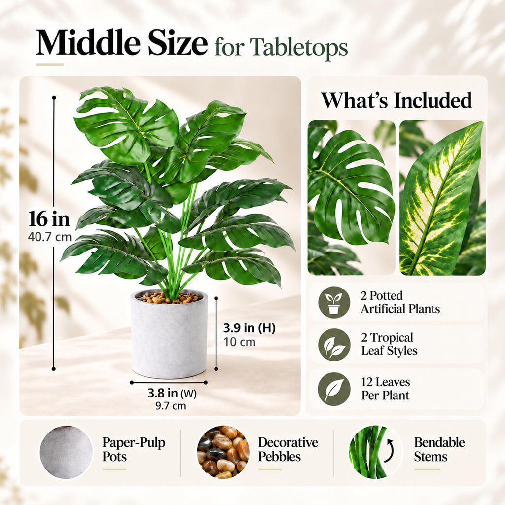 2 Pack Artificial Tropical Plants, 16" Fake Plants for Desk Decor