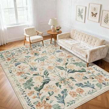 5x7 Area Rugs Boho Floral Washable Living Room Rug Neutral Carpet Nursery