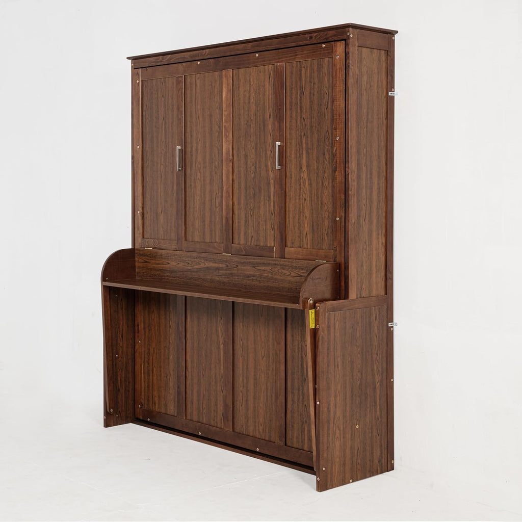 Queen Murphy Bed with Desk, Wood Wall Bed with Gas Struts, Space Saving Foldable Murphy Bed for Small Spaces, Guest