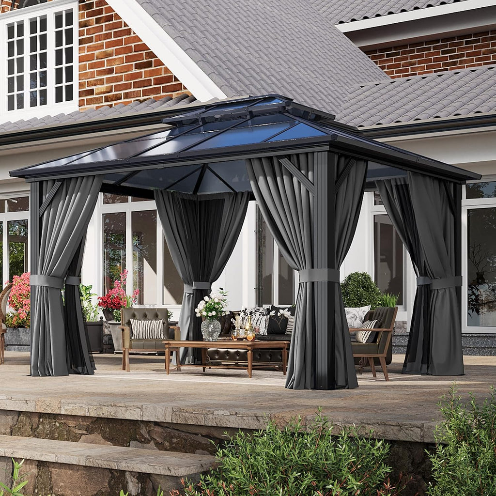 10'x12' Hardtop Gazebo, Metal Frame Permanent Pavilion with Curtains and Netting