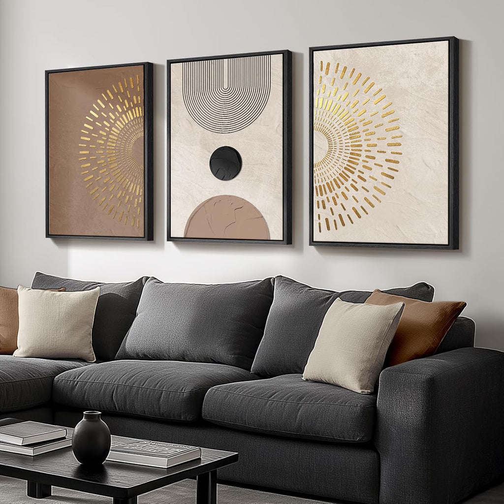 Large Framed Boho Neutral Abstract Wall Art, 3 Piece 24x36 - Set of 3