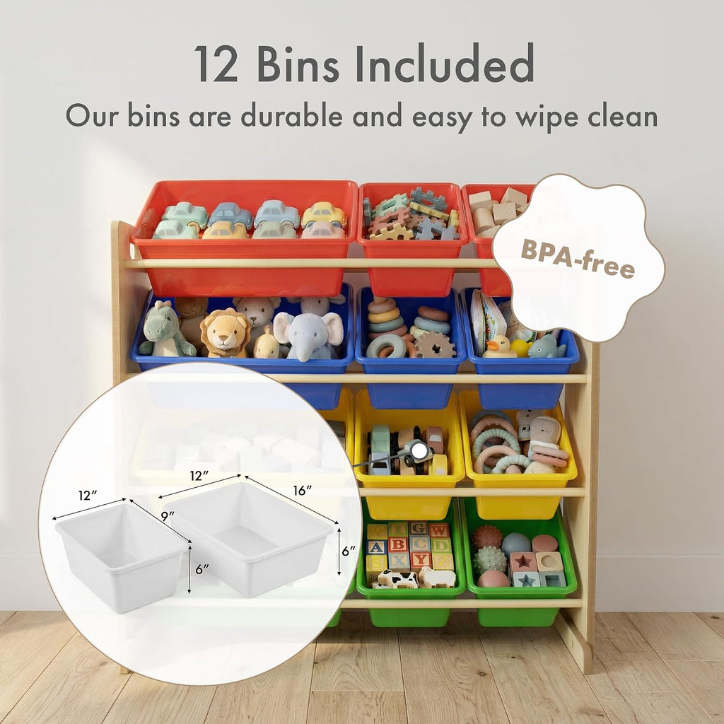 Kids' Toy Storage Organizer with 12 Plastic Bins, Natural/Primary, Model Number: WO560