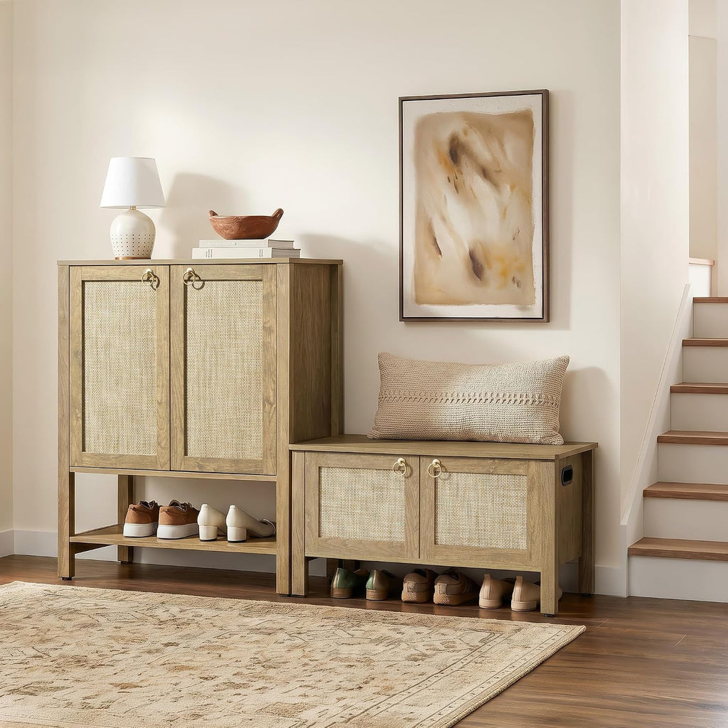 Rattan Storage Bench Boho Storage Chest with 2 Safety Hinges | Wood Storage Truck Box , Supports 220 lb