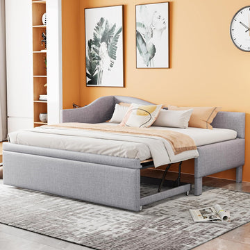 Twin Size Daybed with Pop up Trundle,Linen Upholstered Day Bed Frame with Wood Slats,Extendable Trundle Bed,Twin to