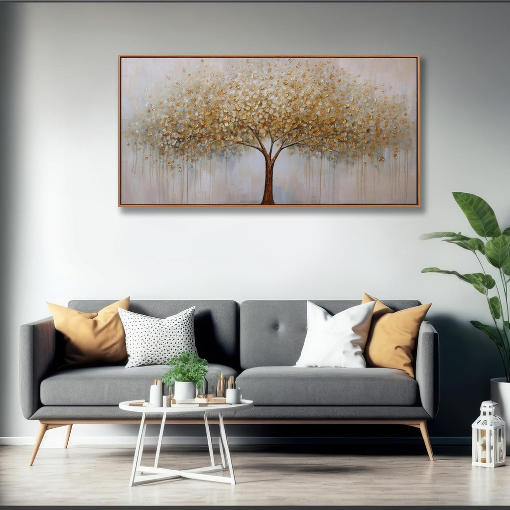 Wall Art Gold Abstract Tree of Life Framed Modern Artwork Canvas Painting Textured Tree Pictures Wall Decor Home