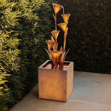 46-Inch Sculptural Metal Multi-Tier Flower Water Fountain, Bronze