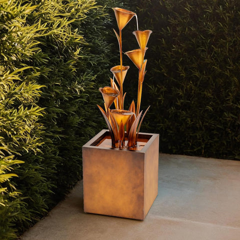 46-Inch Sculptural Metal Multi-Tier Flower Water Fountain, Bronze