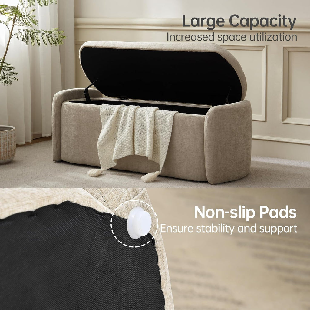 Storage Bench, Upholstered Storage Ottoman Bench with Hinge, Khaki | Ottoman Bench with Large Capacity, Curved Frame