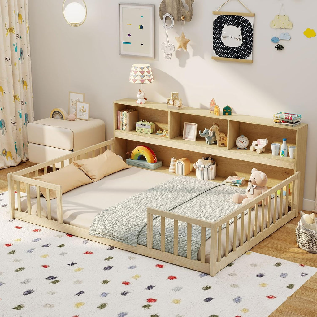 Full Size Floor Bed for Kids, Wooden Montessori Bed Frame with Bookcase, Storage Shelves & Safety Fence Rails, Floor